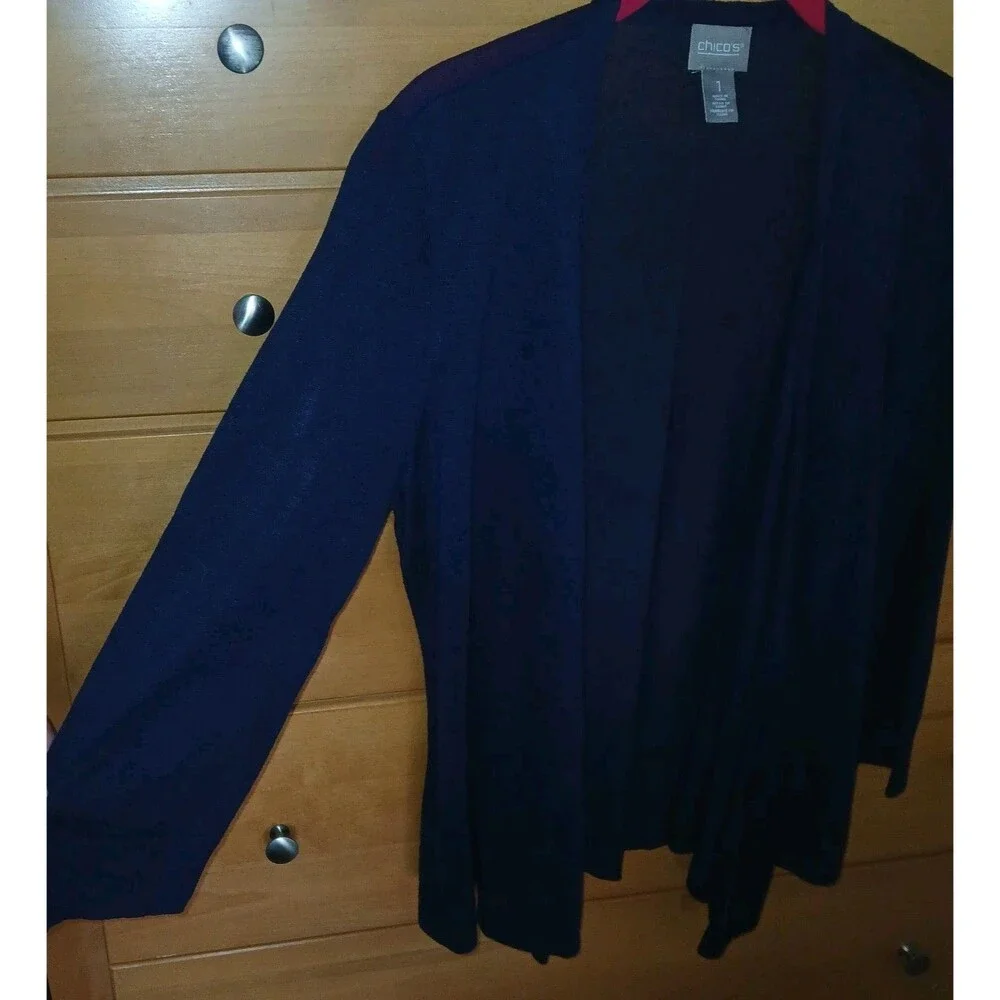 Chicos Womens 1 M Lightweight Minimalist navy blue Open Ft Cardigan 3/4 Sleeve